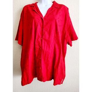 Bobbie Brooks Woman Red Eyelet Button Up Collard Top 22W 24W Plus Short Sleeves